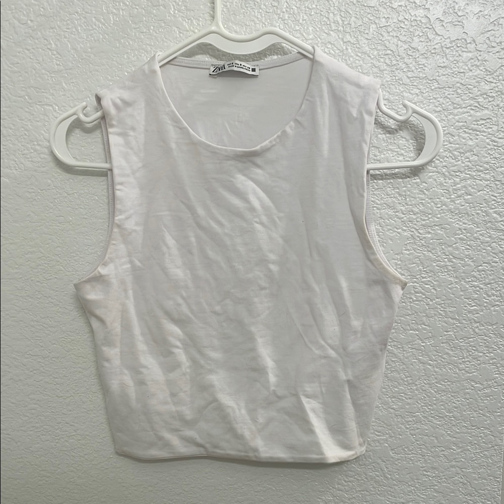 Zara White Fitted Sleeveless Crop Tank